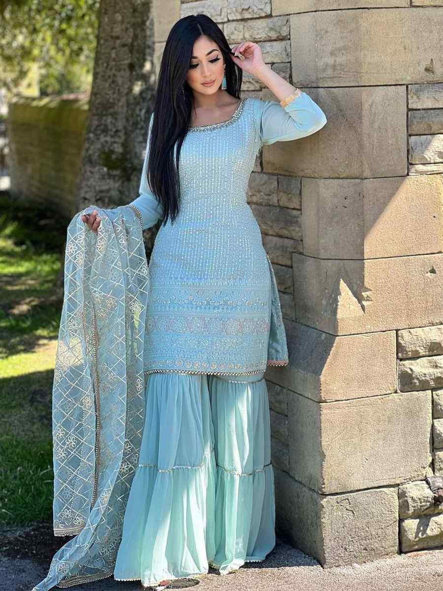 Sky Blue Faux Georgette Embroidery Party Wedding Festival Casual Ready Sharara Pant Salwar Kameez