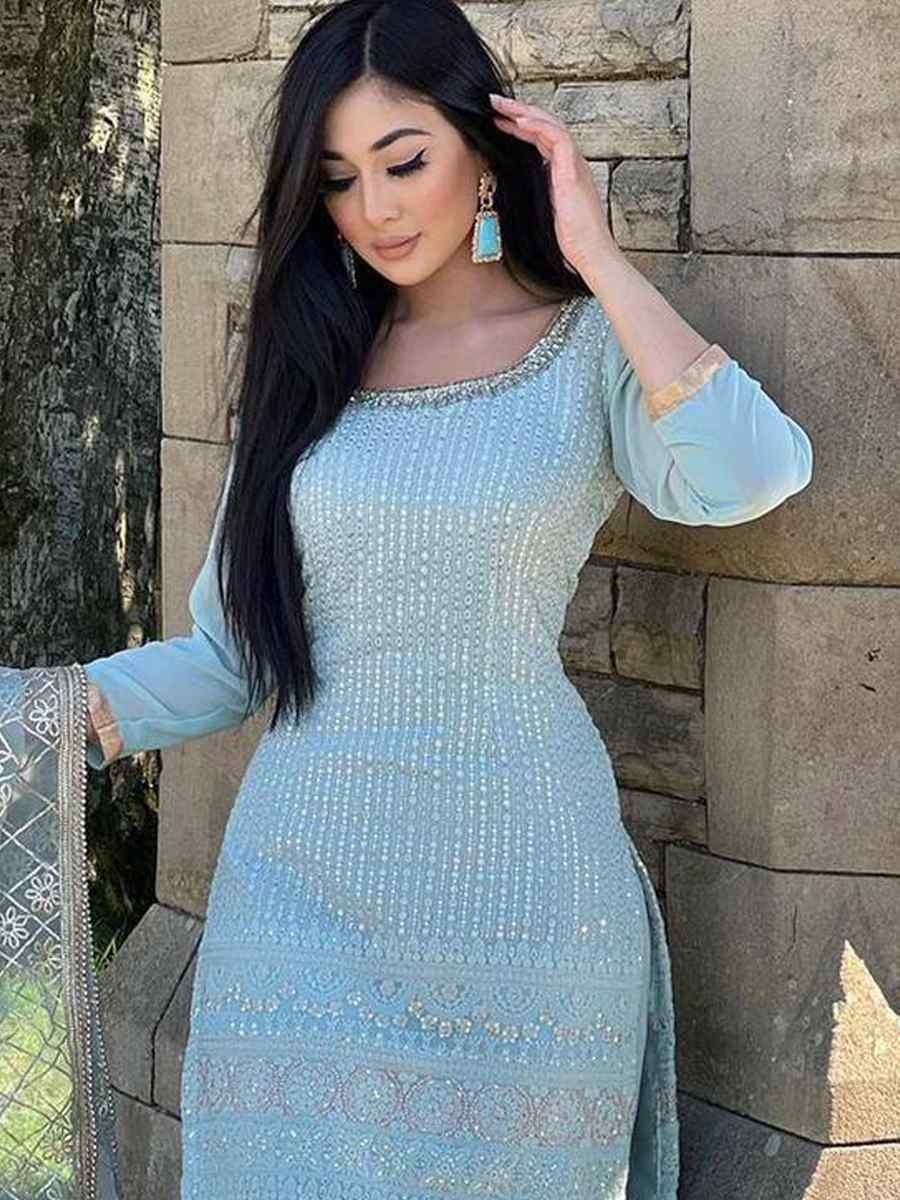 Sky Blue Faux Georgette Embroidery Party Wedding Festival Casual Ready Sharara Pant Salwar Kameez