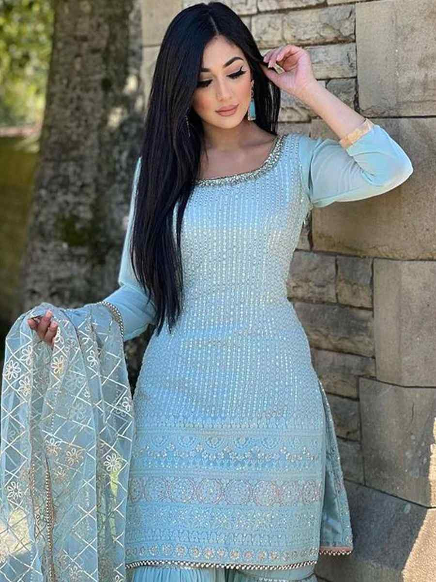 Sky Blue Faux Georgette Embroidery Party Wedding Festival Casual Ready Sharara Pant Salwar Kameez