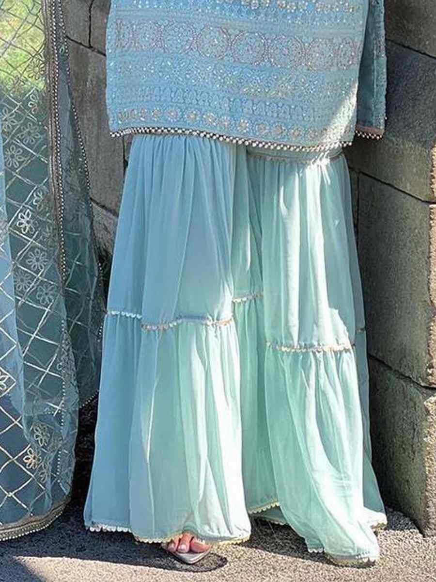 Sky Blue Faux Georgette Embroidery Party Wedding Festival Casual Ready Sharara Pant Salwar Kameez