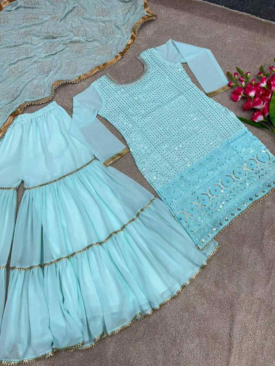 Sky Blue Faux Georgette Embroidery Party Wedding Festival Casual Ready Sharara Pant Salwar Kameez
