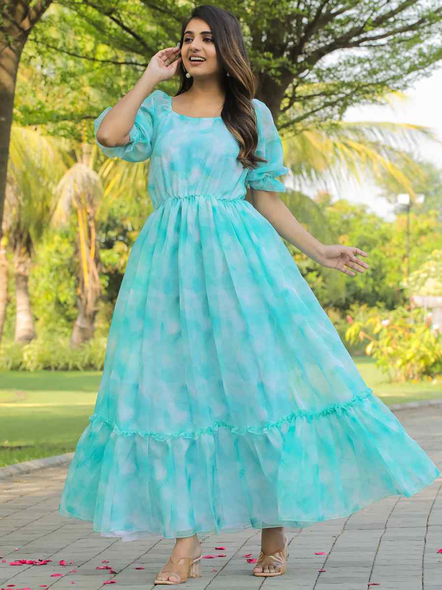 Sky Blue Faux Georgette Printed Festival Casual Gown