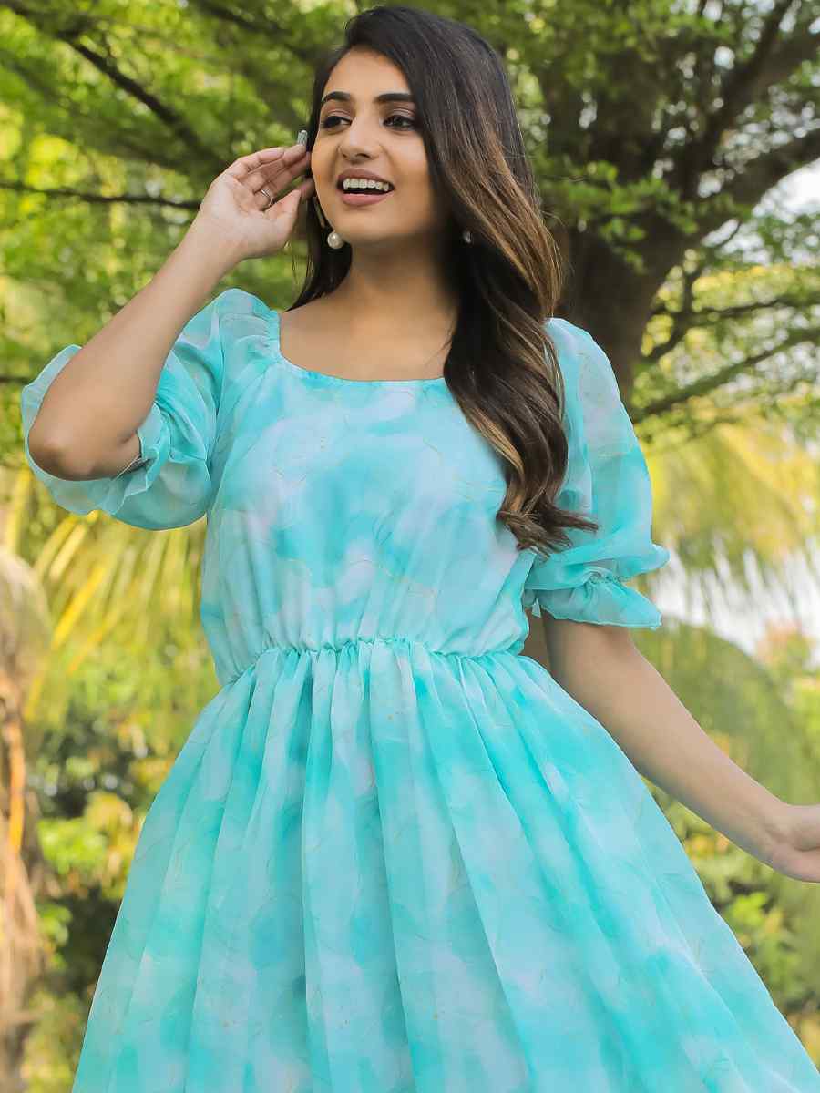 Sky Blue Faux Georgette Printed Festival Casual Gown