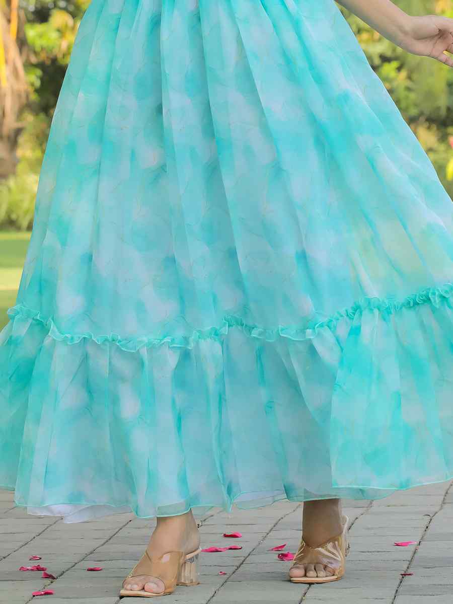 Sky Blue Faux Georgette Printed Festival Casual Gown