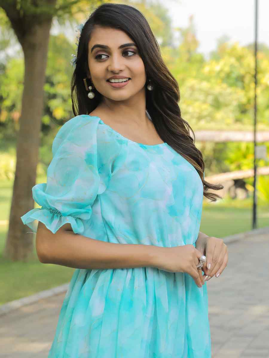 Sky Blue Faux Georgette Printed Festival Casual Gown