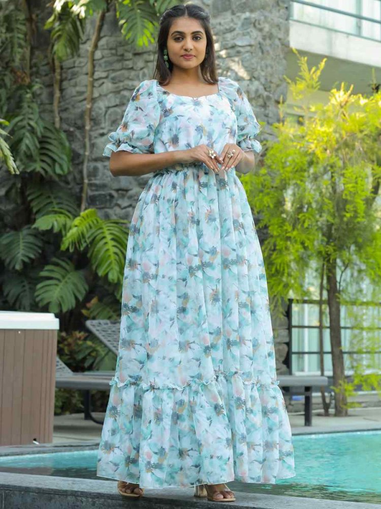 Sky Blue Faux Georgette Printed Festival Casual Gown