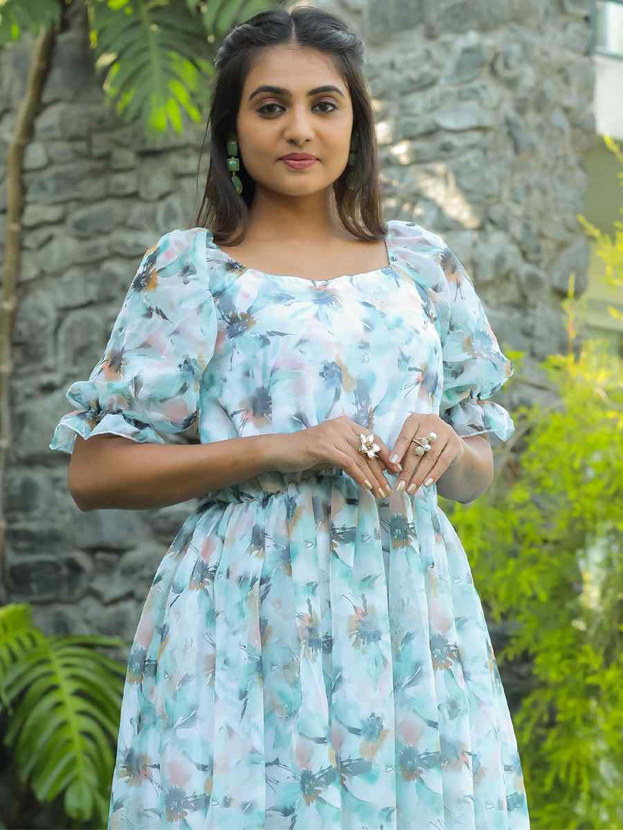 Sky Blue Faux Georgette Printed Festival Casual Gown