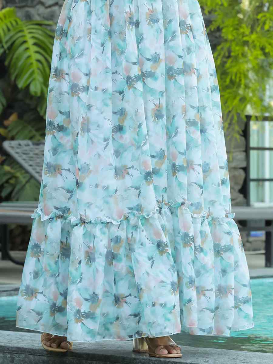 Sky Blue Faux Georgette Printed Festival Casual Gown