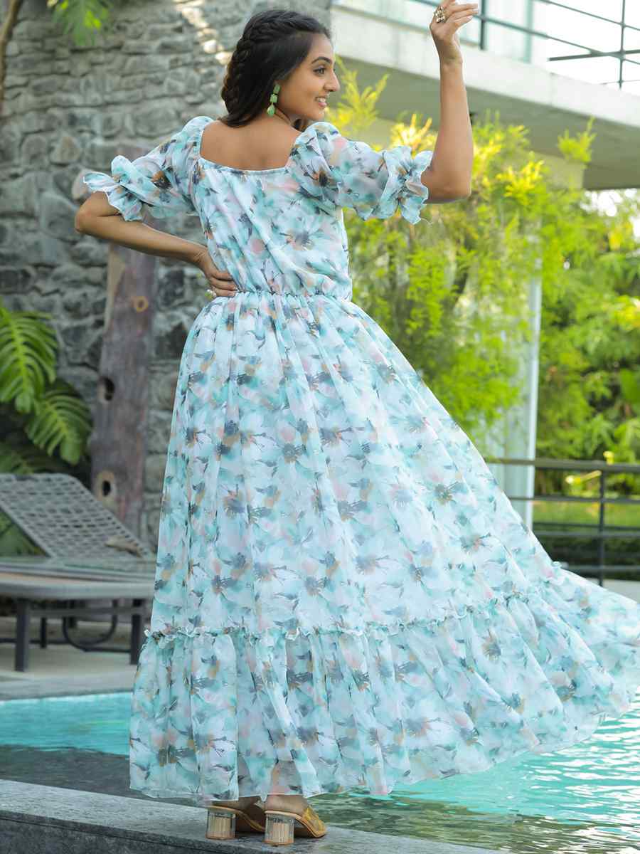 Sky Blue Faux Georgette Printed Festival Casual Gown