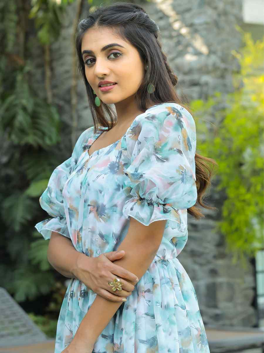 Sky Blue Faux Georgette Printed Festival Casual Gown