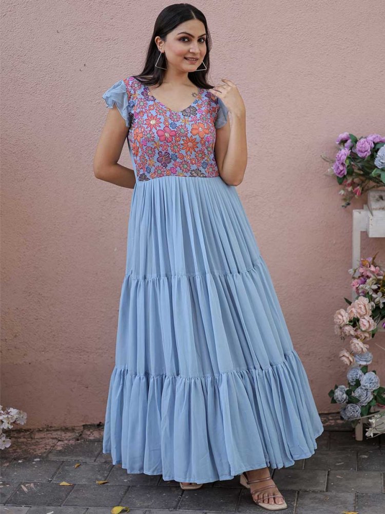 Sky Blue Faux Georgette Printed Festival Party Gown