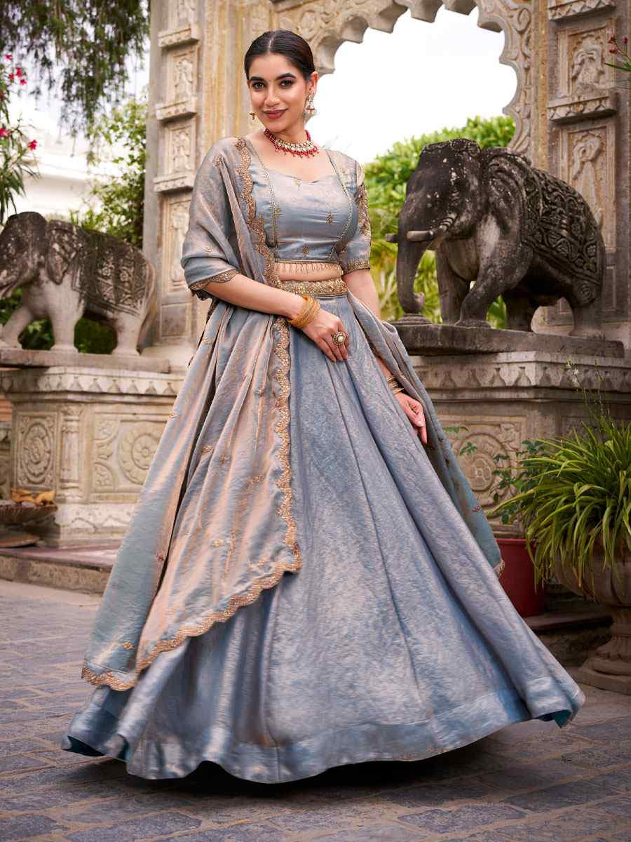 Sky Blue Fendi Silk Embroidered Bridal Wedding Reception Festival Heavy Border Lehenga Choli