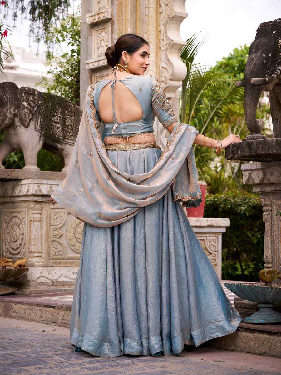 Sky Blue Fendi Silk Embroidered Bridal Wedding Reception Festival Heavy Border Lehenga Choli