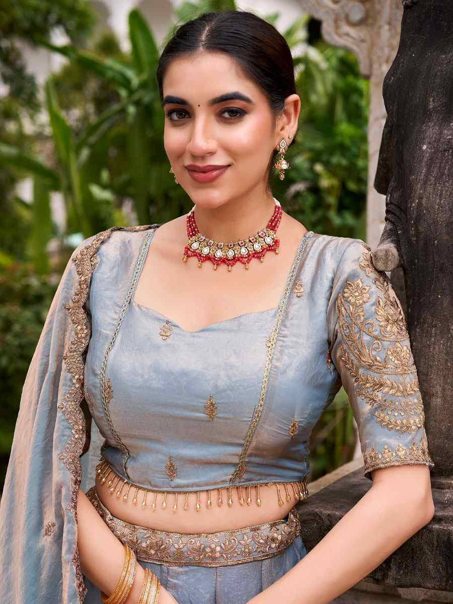 Sky Blue Fendi Silk Embroidered Bridal Wedding Reception Festival Heavy Border Lehenga Choli