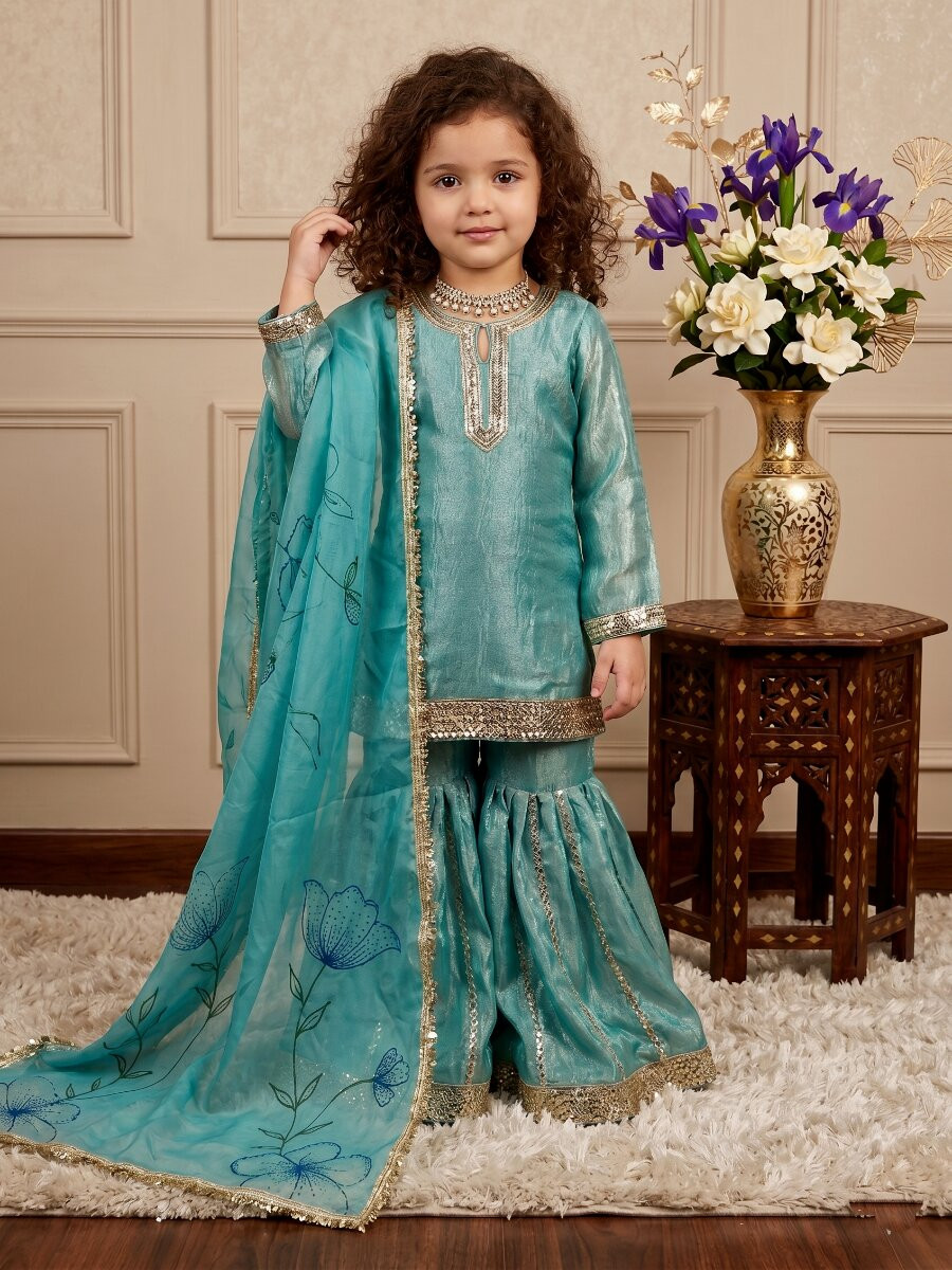 Sky Blue Fendi silk Embroidered Sequins Ethnic Casual Festival Party Wedding Kurta Sharara Girls Wear