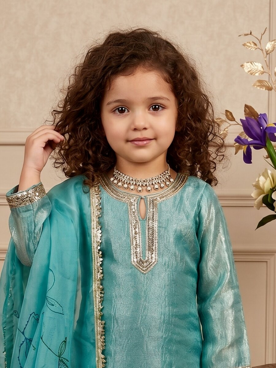 Sky Blue Fendi silk Embroidered Sequins Ethnic Casual Festival Party Wedding Kurta Sharara Girls Wear