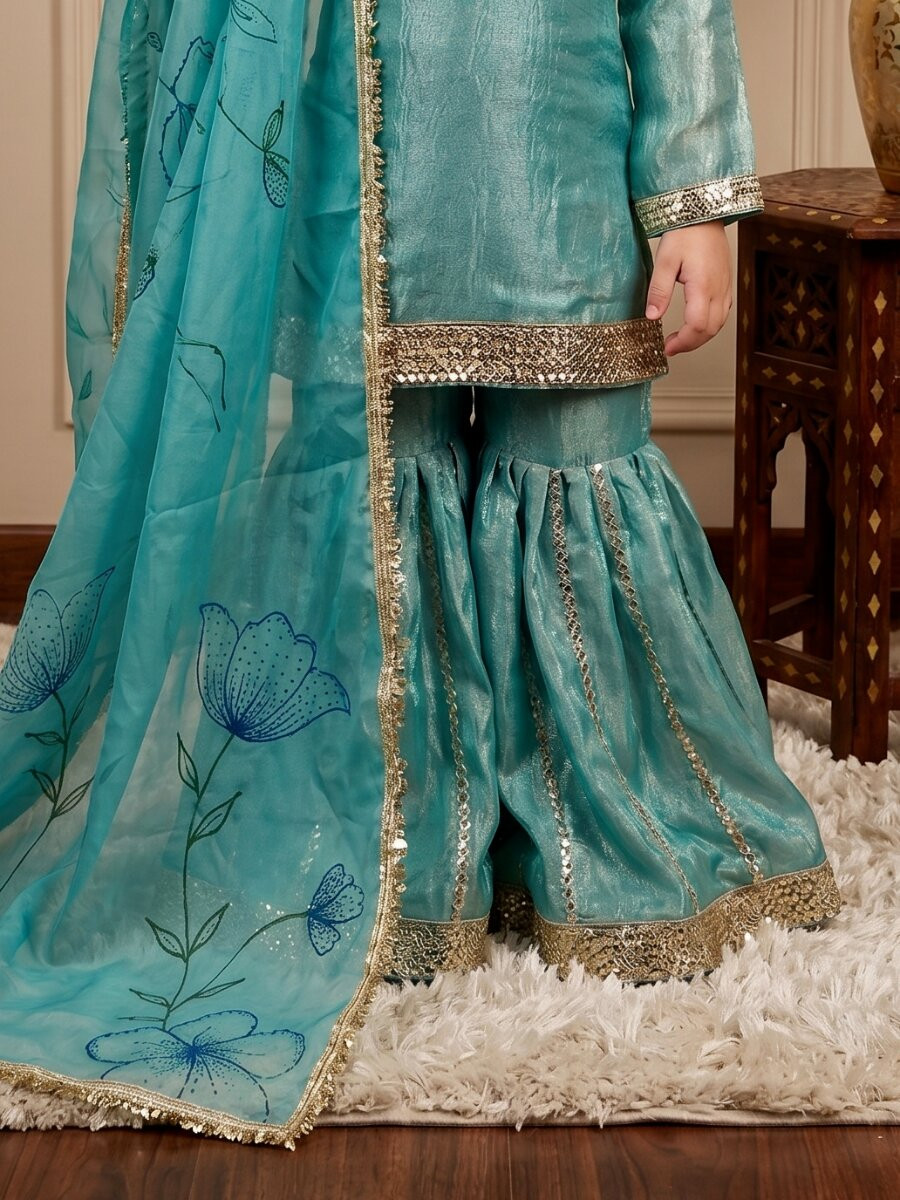 Sky Blue Fendi silk Embroidered Sequins Ethnic Casual Festival Party Wedding Kurta Sharara Girls Wear
