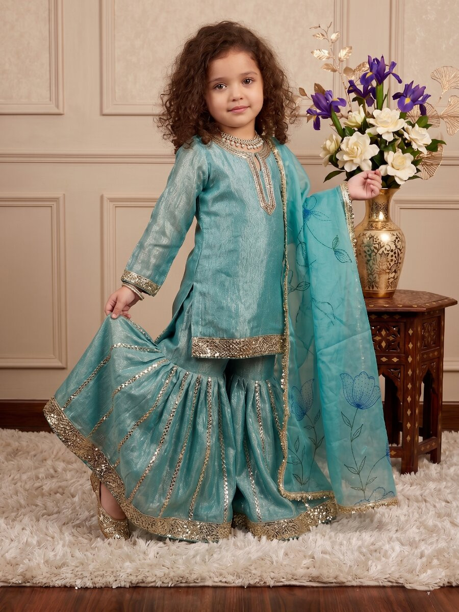 Sky Blue Fendi silk Embroidered Sequins Ethnic Casual Festival Party Wedding Kurta Sharara Girls Wear