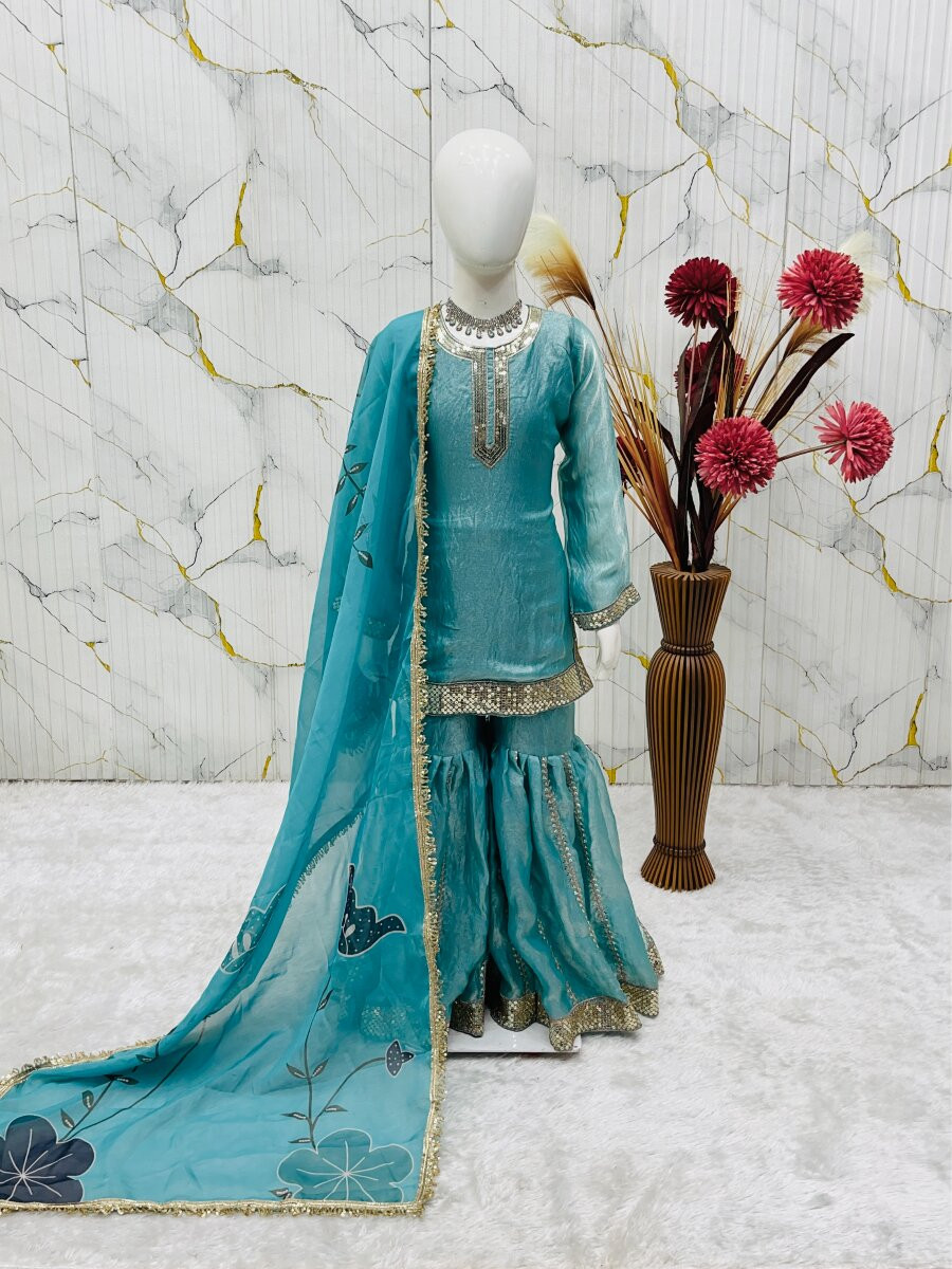 Sky Blue Fendi silk Embroidered Sequins Ethnic Casual Festival Party Wedding Kurta Sharara Girls Wear