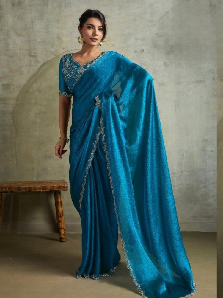 Image of Sky Blue Fendy Chiffon blooming Sequins Wedding Reception Party Festival Heavy Border Sarees