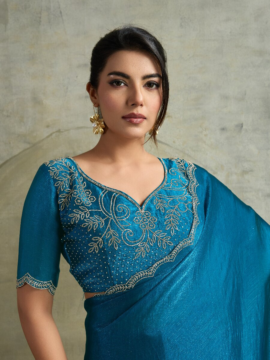 Sky Blue Fendy Chiffon bloomingSequins Wedding Reception Party Festival Heavy Border Sarees