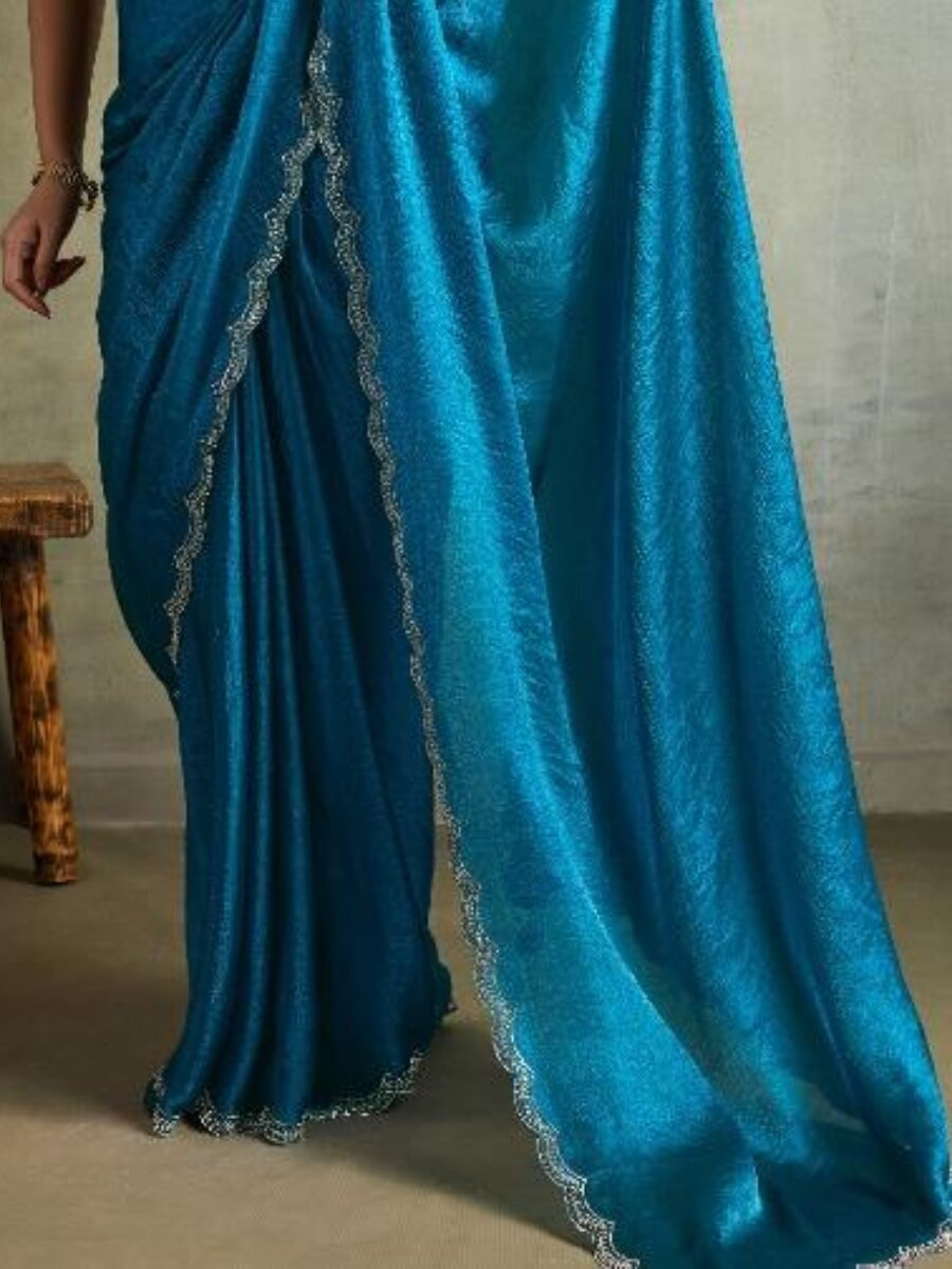 Sky Blue Fendy Chiffon bloomingSequins Wedding Reception Party Festival Heavy Border Sarees