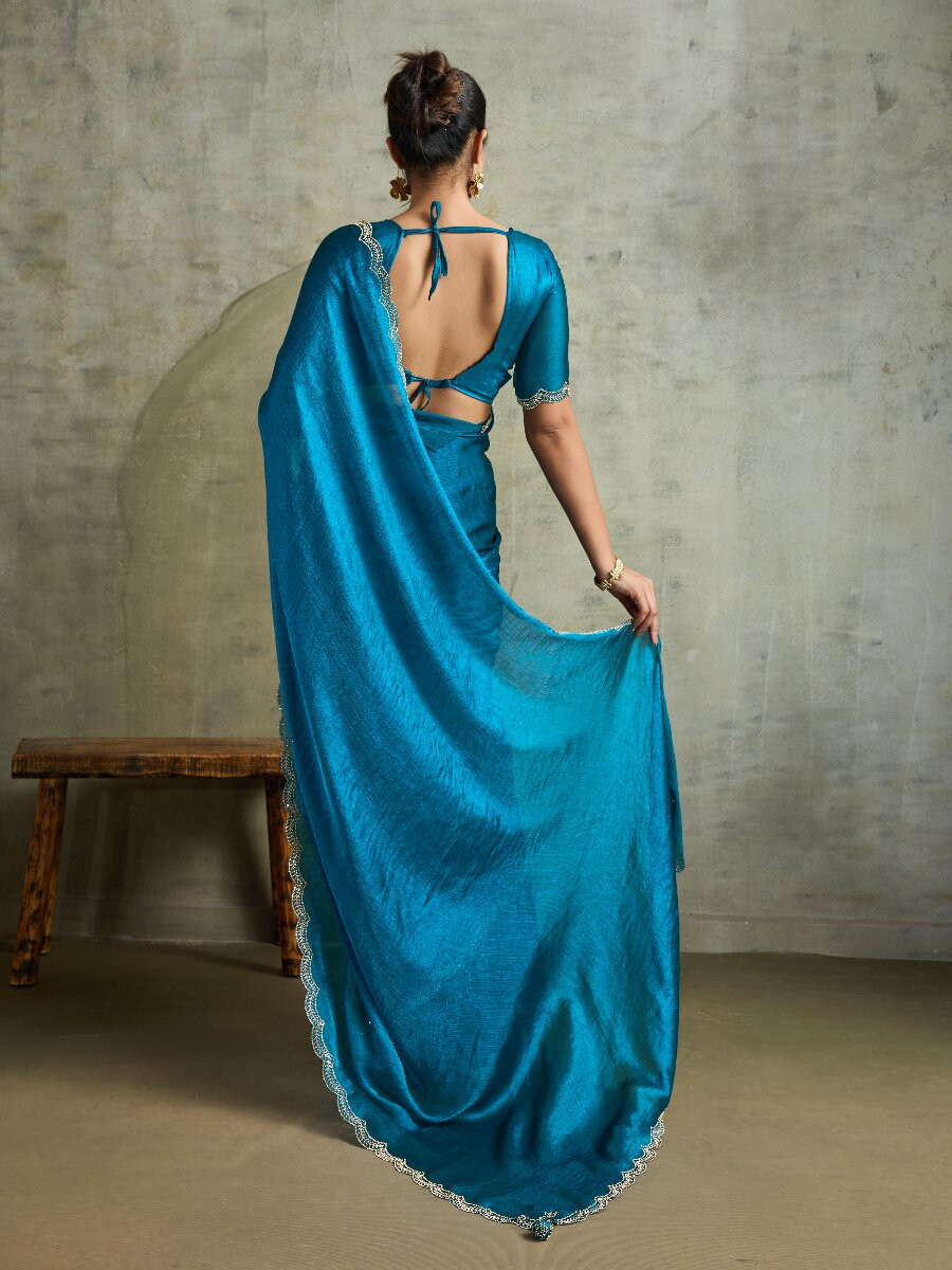 Sky Blue Fendy Chiffon bloomingSequins Wedding Reception Party Festival Heavy Border Sarees