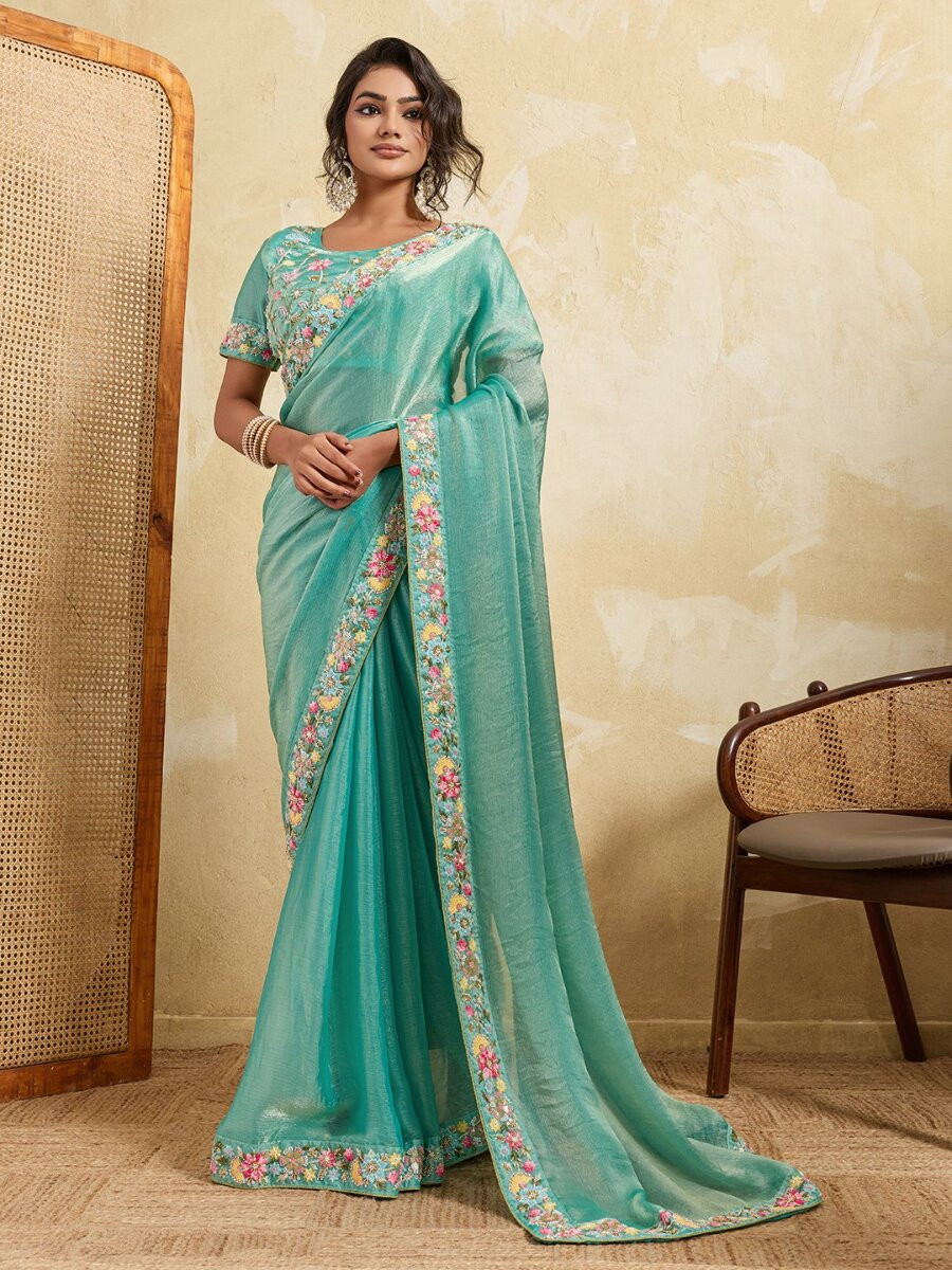 Sky Blue Fendy Chiffon Embroidery Wedding Reception Party Heavy Border Sarees