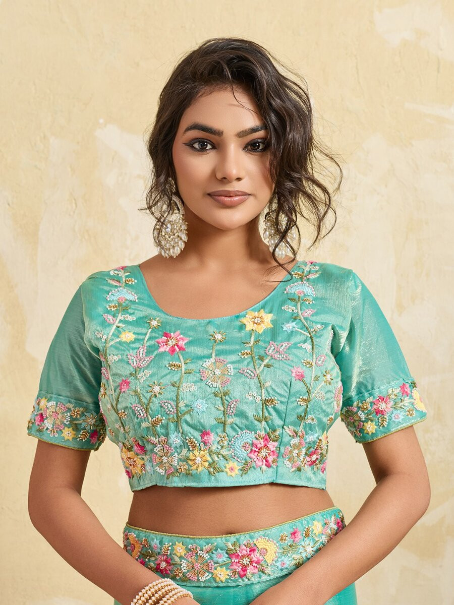 Sky Blue Fendy Chiffon Embroidery Wedding Reception Party Heavy Border Sarees