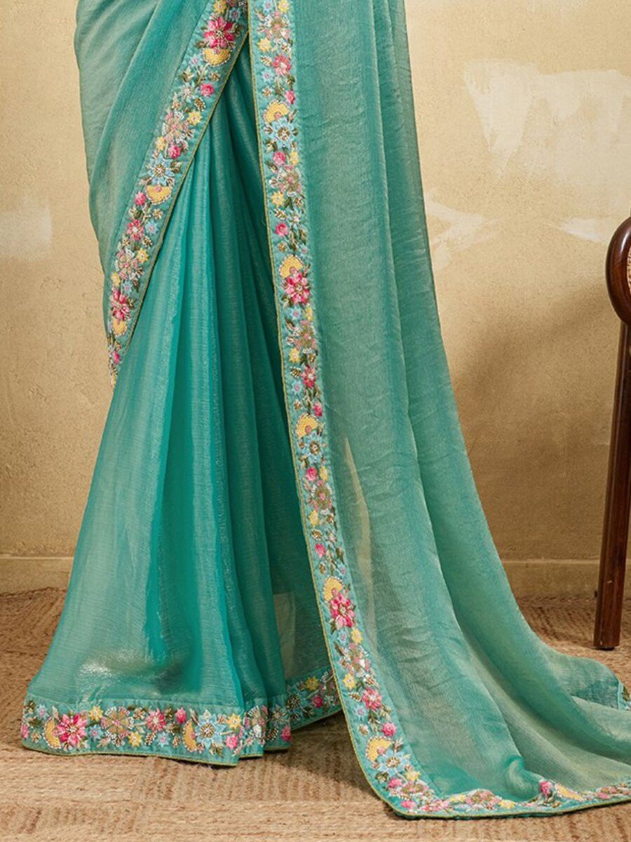 Sky Blue Fendy Chiffon Embroidery Wedding Reception Party Heavy Border Sarees