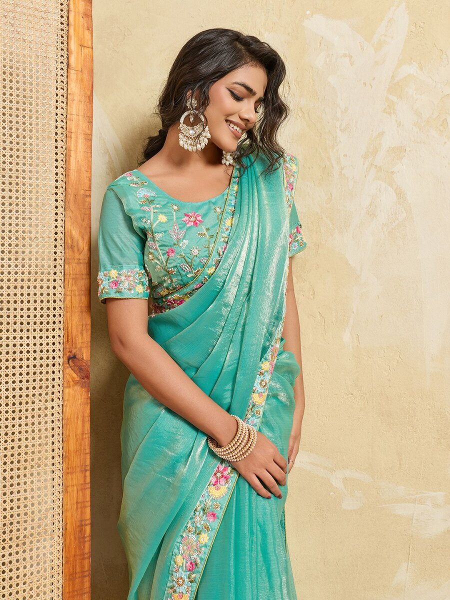 Sky Blue Fendy Chiffon Embroidery Wedding Reception Party Heavy Border Sarees