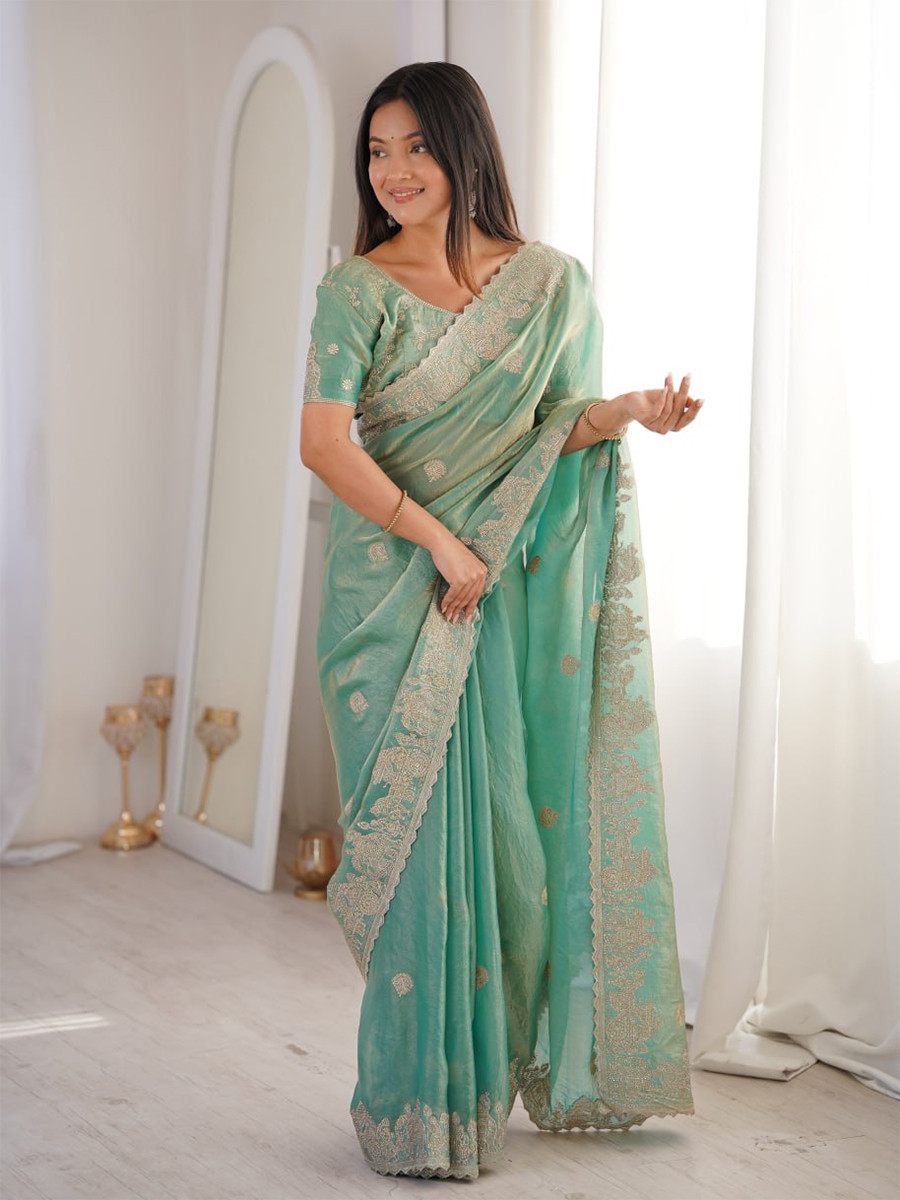 Sky Blue Fendy Crush Silk Embroidery Zari Wedding Festival Party Wear Heavy Border Sarees