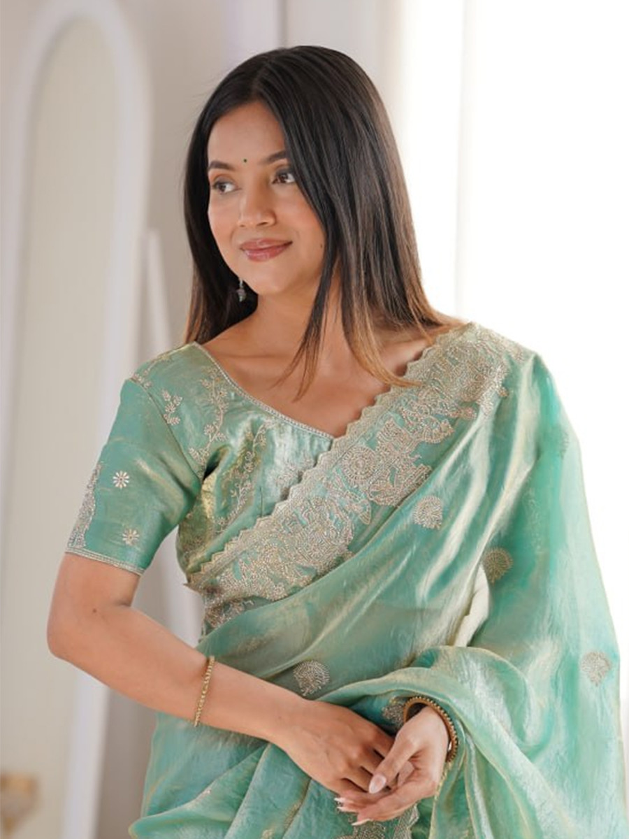 Sky Blue Fendy Crush Silk Embroidery Zari Wedding Festival Party Wear Heavy Border Sarees