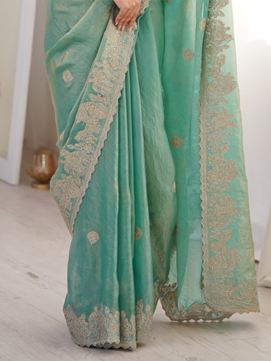 Sky Blue Fendy Crush Silk Embroidery Zari Wedding Festival Party Wear Heavy Border Sarees