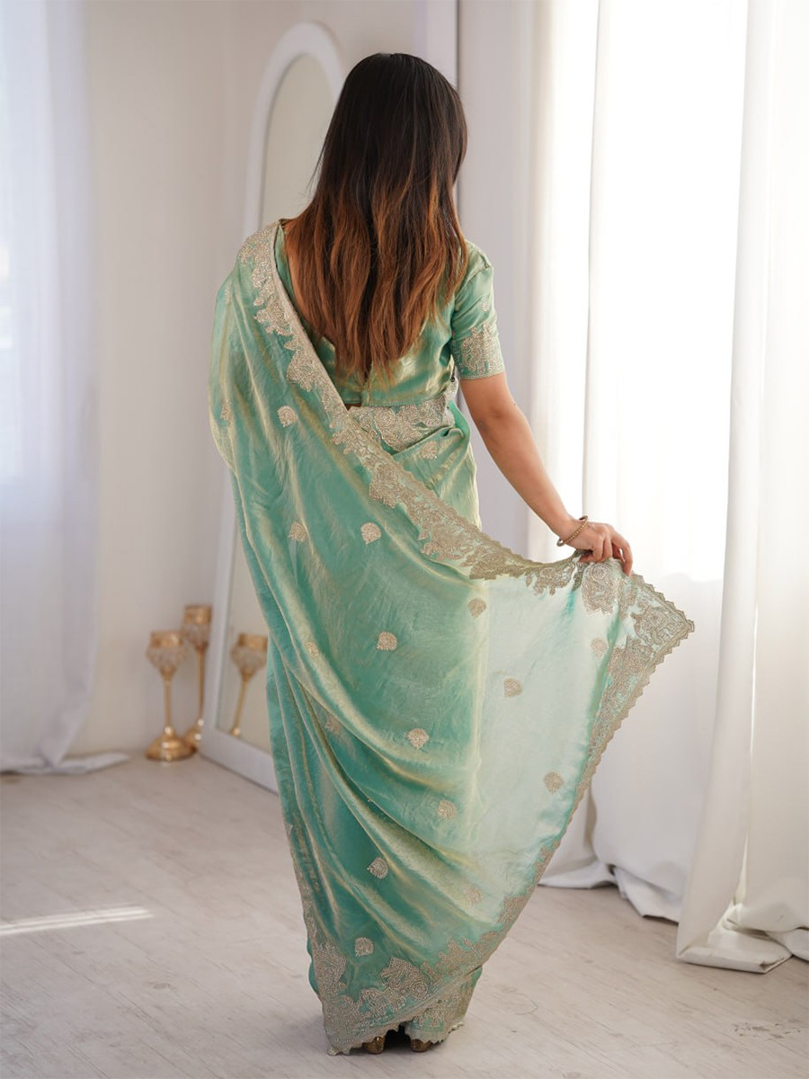 Sky Blue Fendy Crush Silk Embroidery Zari Wedding Festival Party Wear Heavy Border Sarees