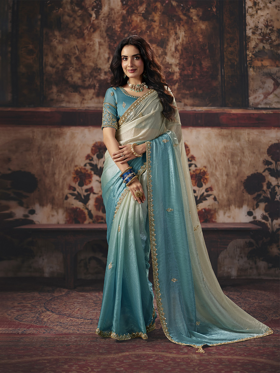 Sky Blue Fendy Satin Embroidery Sequins Zari Wedding Reception Party Festival Casual Heavy Border Sarees