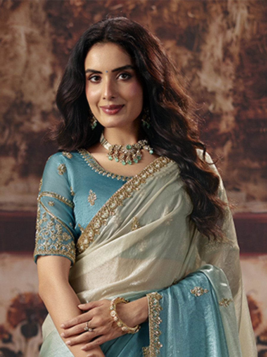 Sky Blue Fendy Satin Embroidery Sequins Zari Wedding Reception Party Festival Casual Heavy Border Sarees