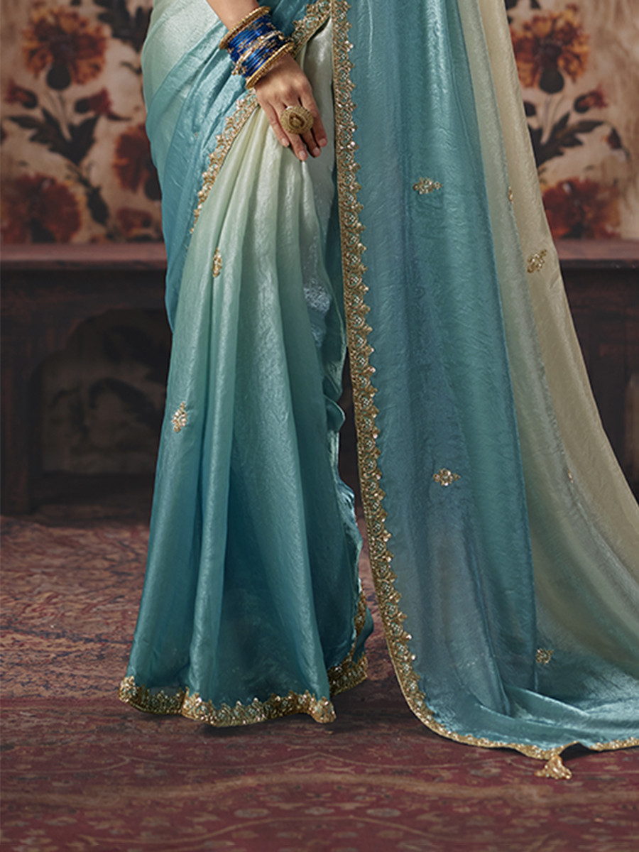 Sky Blue Fendy Satin Embroidery Sequins Zari Wedding Reception Party Festival Casual Heavy Border Sarees