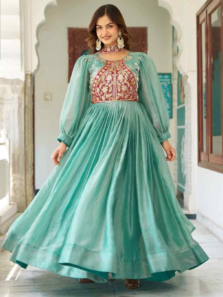 Sky Blue Fendy Silk Embroidered Women Wear Festival Casual Wedding Gown