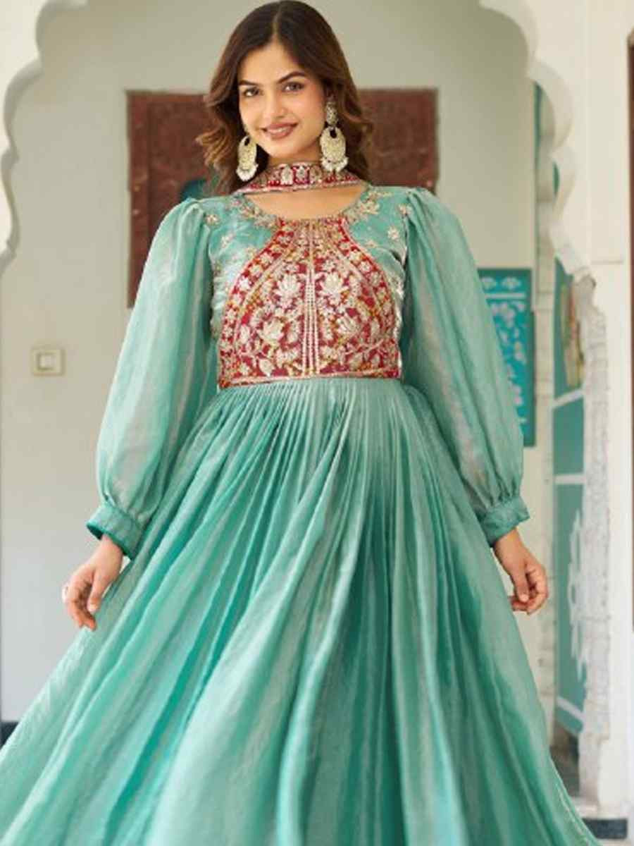 Sky Blue Fendy Silk Embroidered Women Wear Festival Casual Wedding Gown