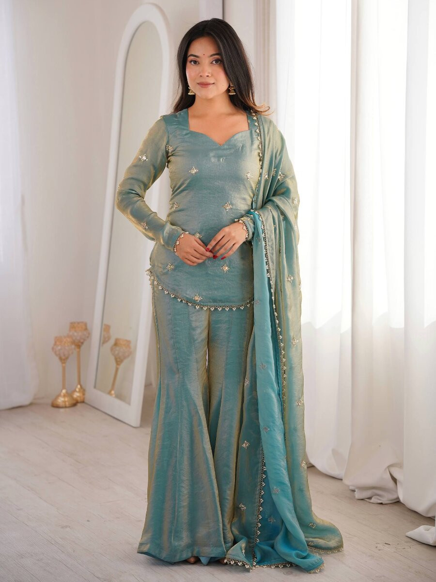 Sky Blue Fendy Silk Embroidery Lace Work Sequins Wedding Festival Party Casual Ready Sharara Pant Salwar Kameez