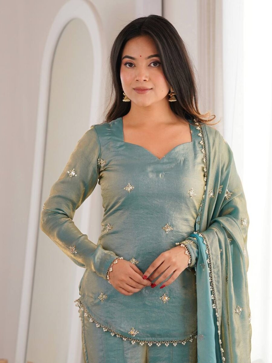 Sky Blue Fendy Silk Embroidery Lace Work Sequins Wedding Festival Party Casual Ready Sharara Pant Salwar Kameez