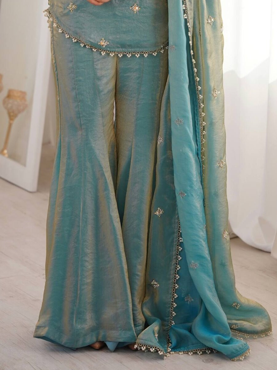 Sky Blue Fendy Silk Embroidery Lace Work Sequins Wedding Festival Party Casual Ready Sharara Pant Salwar Kameez