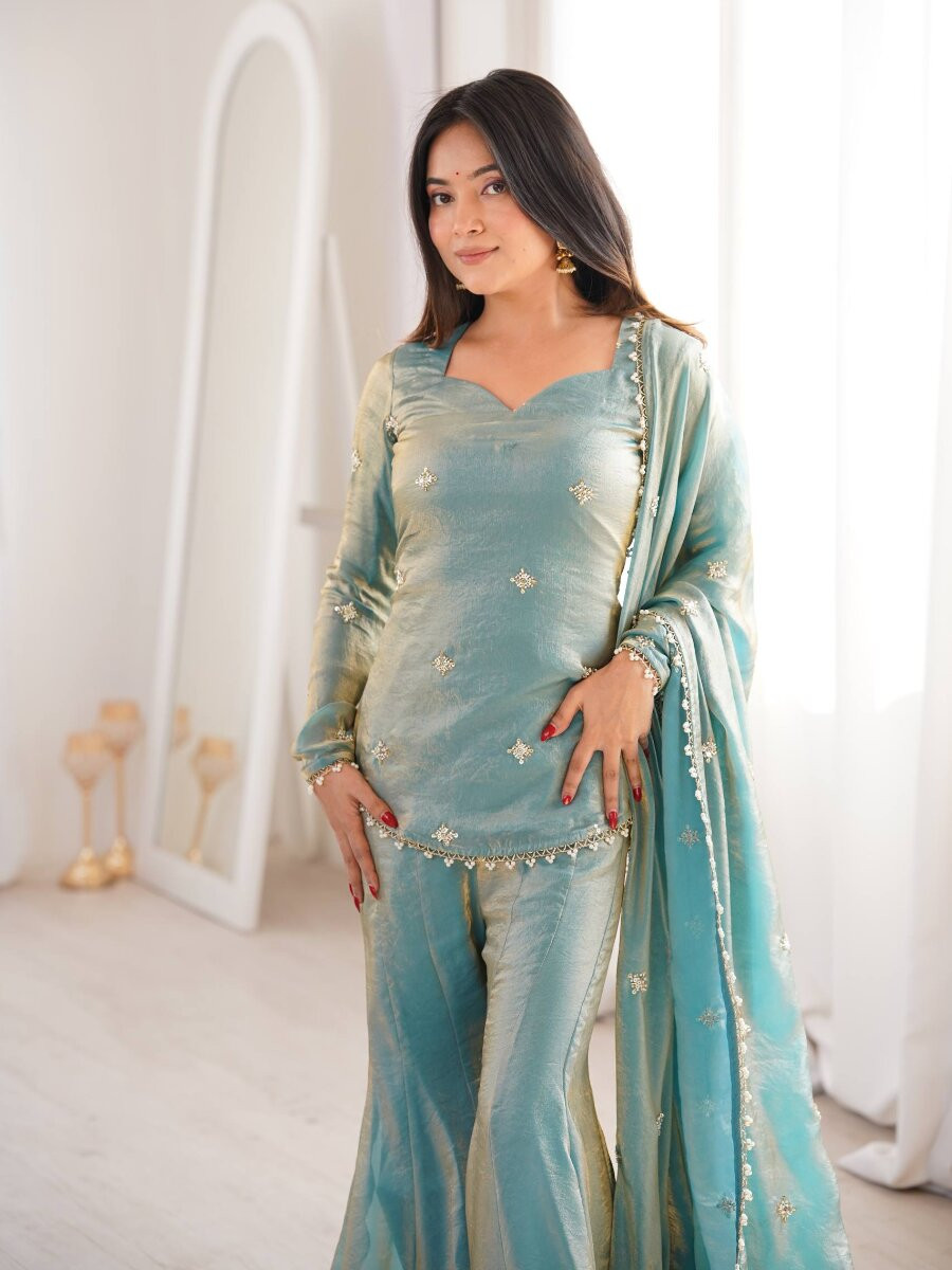 Sky Blue Fendy Silk Embroidery Lace Work Sequins Wedding Festival Party Casual Ready Sharara Pant Salwar Kameez