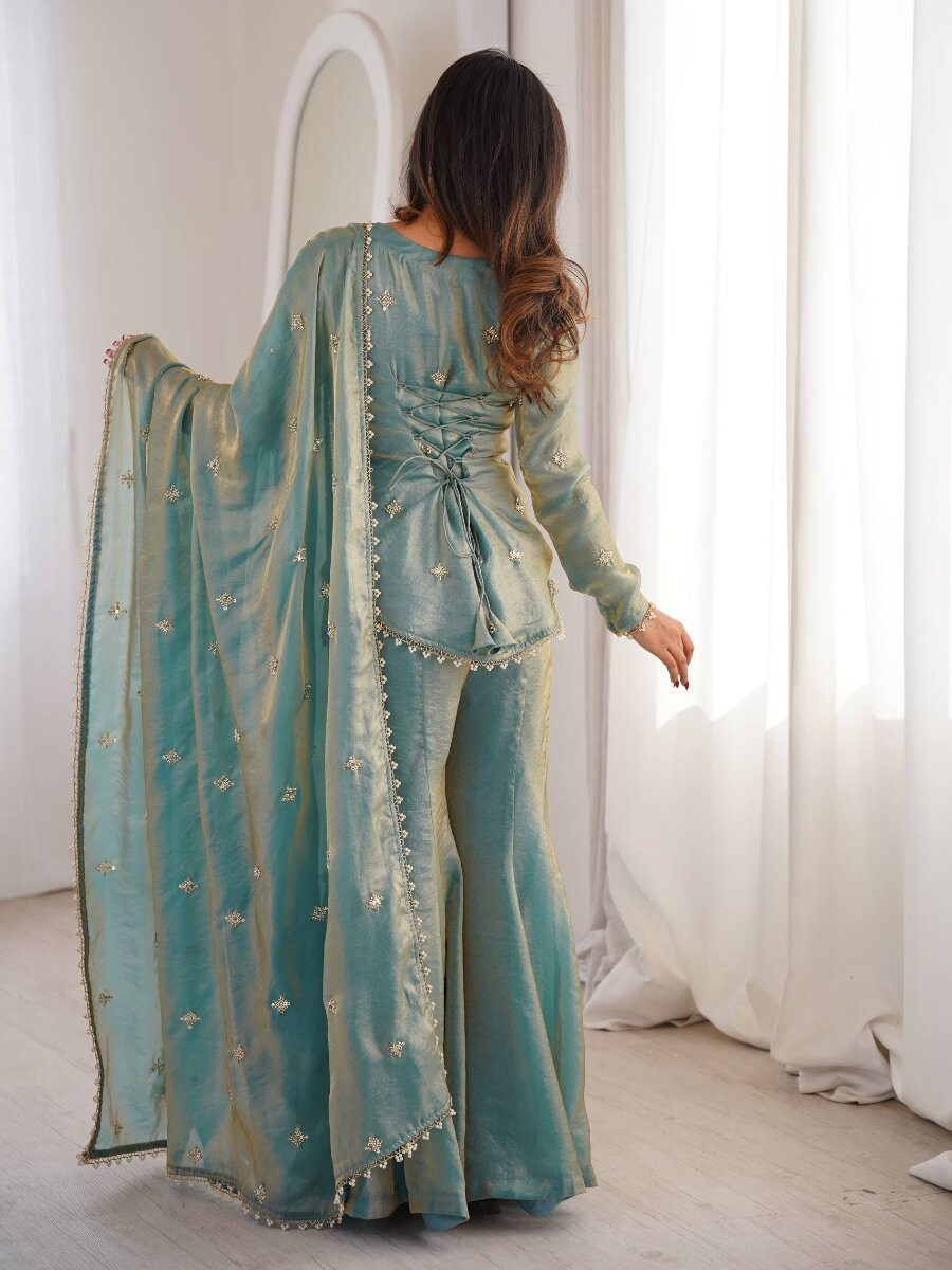 Sky Blue Fendy Silk Embroidery Lace Work Sequins Wedding Festival Party Casual Ready Sharara Pant Salwar Kameez