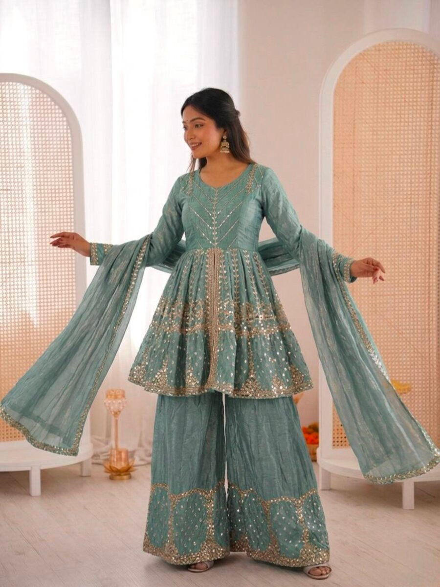 Sky Blue Fendy Silk Embroidery Sequins Wedding Party Festival Casual Ready Palazzo Pant Salwar Kameez