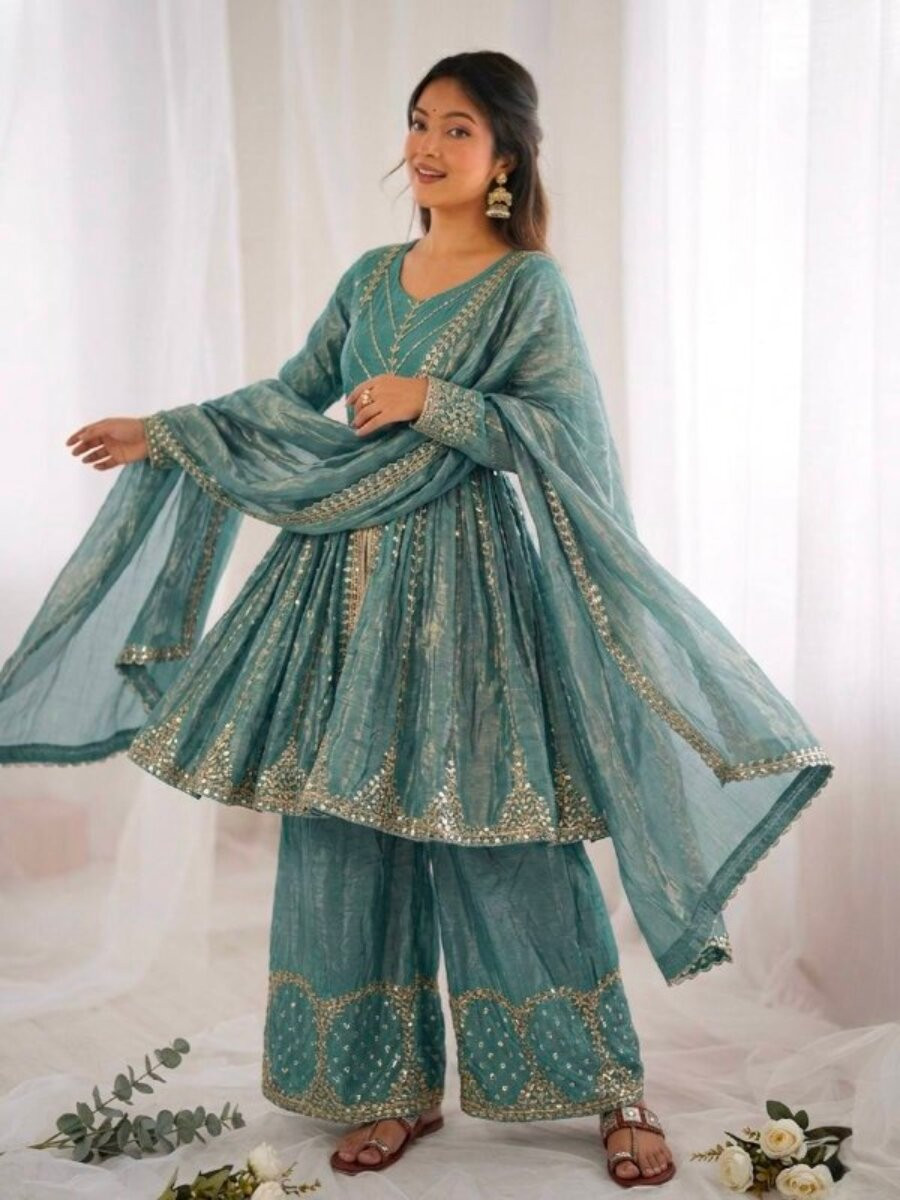 Sky Blue Fendy Silk Embroidery Sequins Wedding Party Festival Casual Ready Palazzo Pant Salwar Kameez