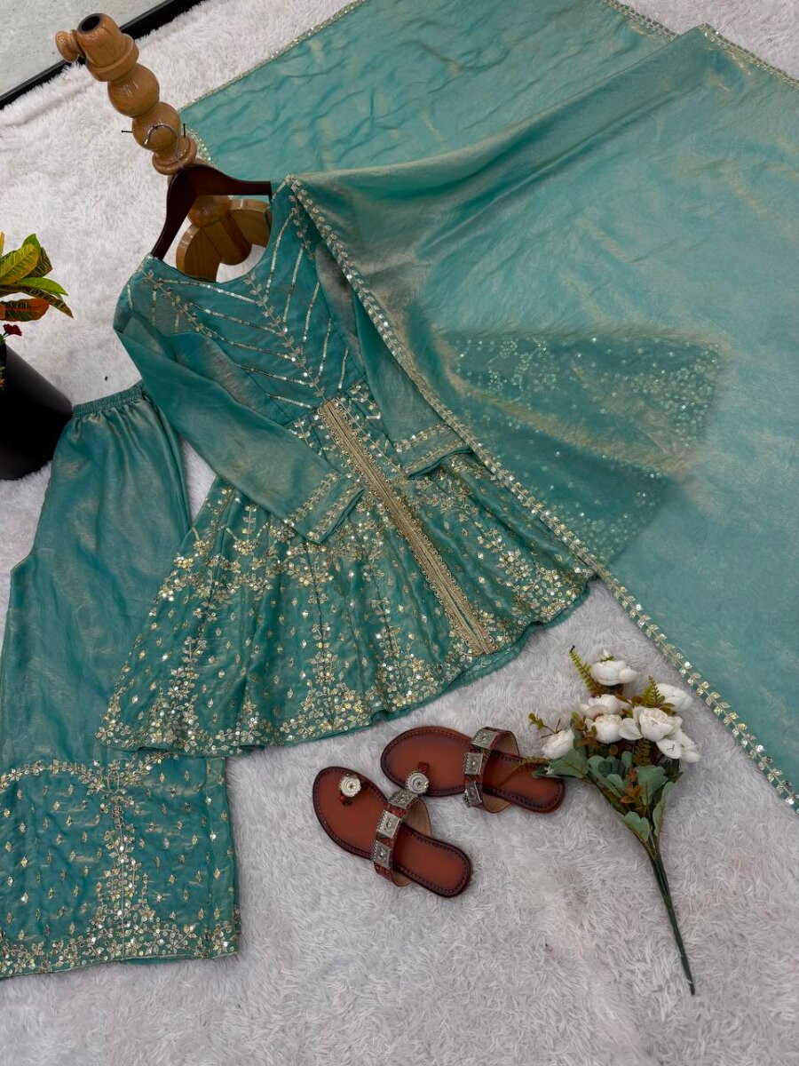 Sky Blue Fendy Silk Embroidery Sequins Wedding Party Festival Casual Ready Palazzo Pant Salwar Kameez