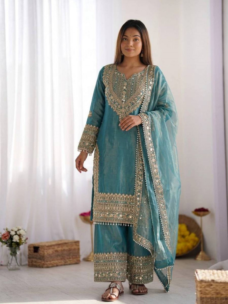 Image of Sky Blue Fendy Silk Embroidery Sequins Zari Wedding Party Festival Casual Ready Palazzo Pant Salwar Kameez
