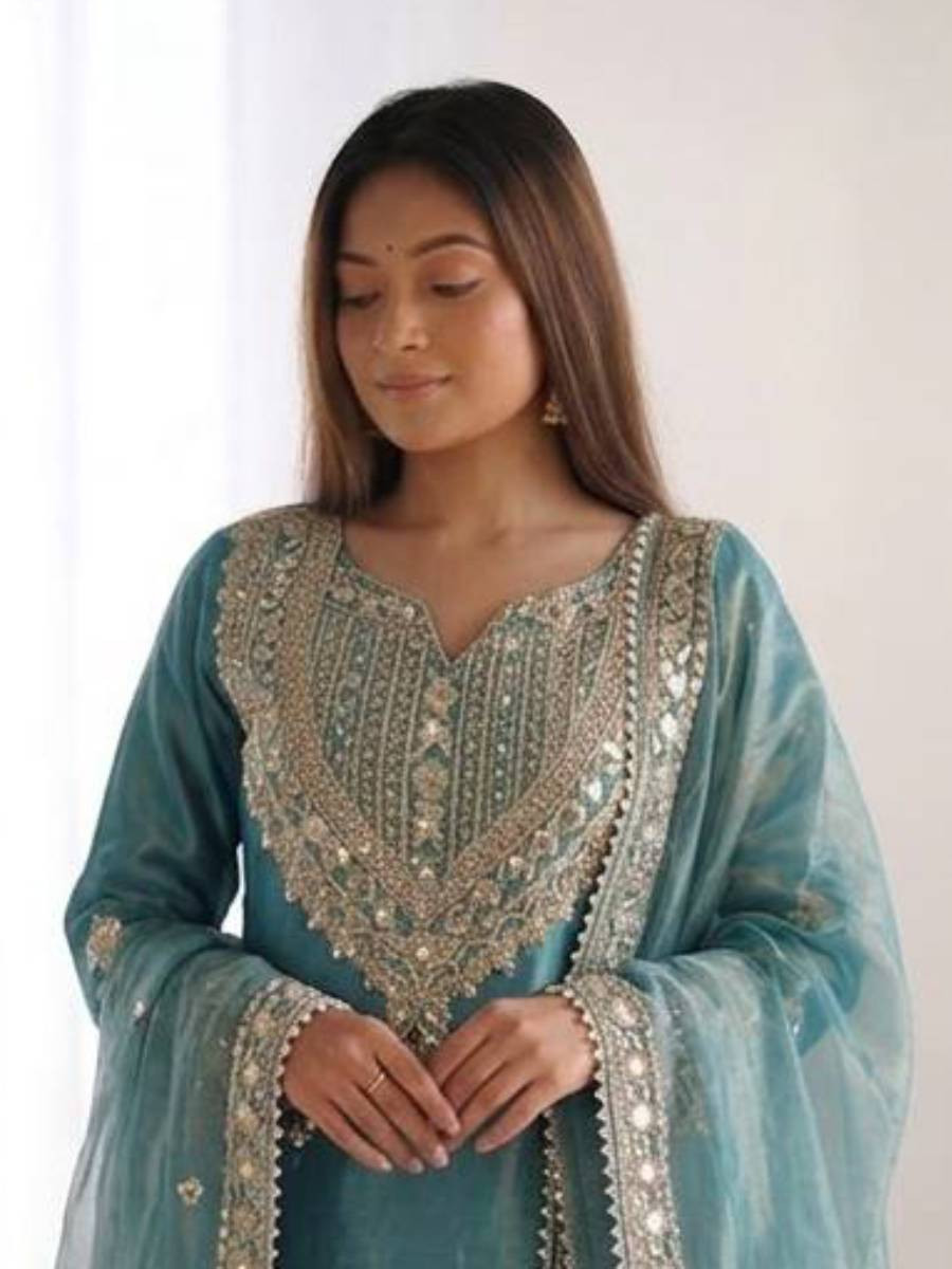 Sky Blue Fendy Silk Embroidery Sequins Zari Wedding Party Festival Casual Ready Palazzo Pant Salwar Kameez